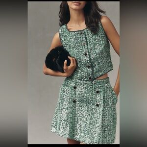 Anthropology Maeve Green Sequin Tweed Mini Skirt.